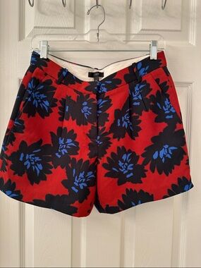 J. Crew Floral Red High-Waist Shorts with Blue & Black Blooms